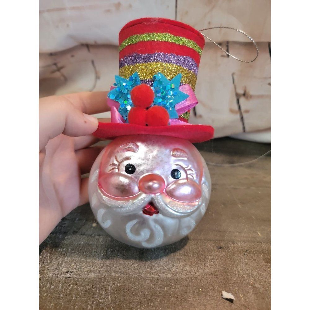 Jolly Santa face red hat blown glass ornament Xmas decor‎